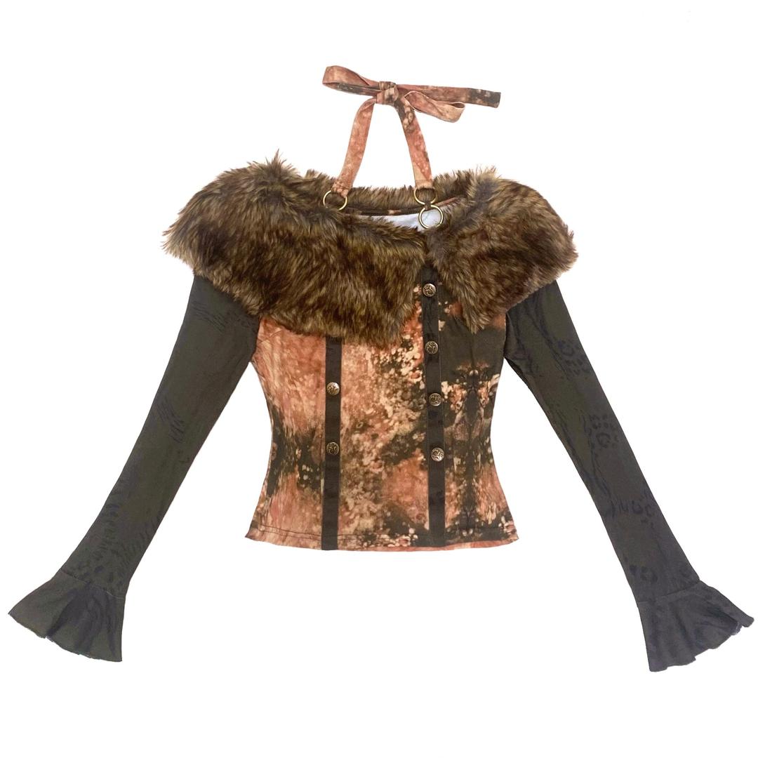 Wool-collar spliced printed top