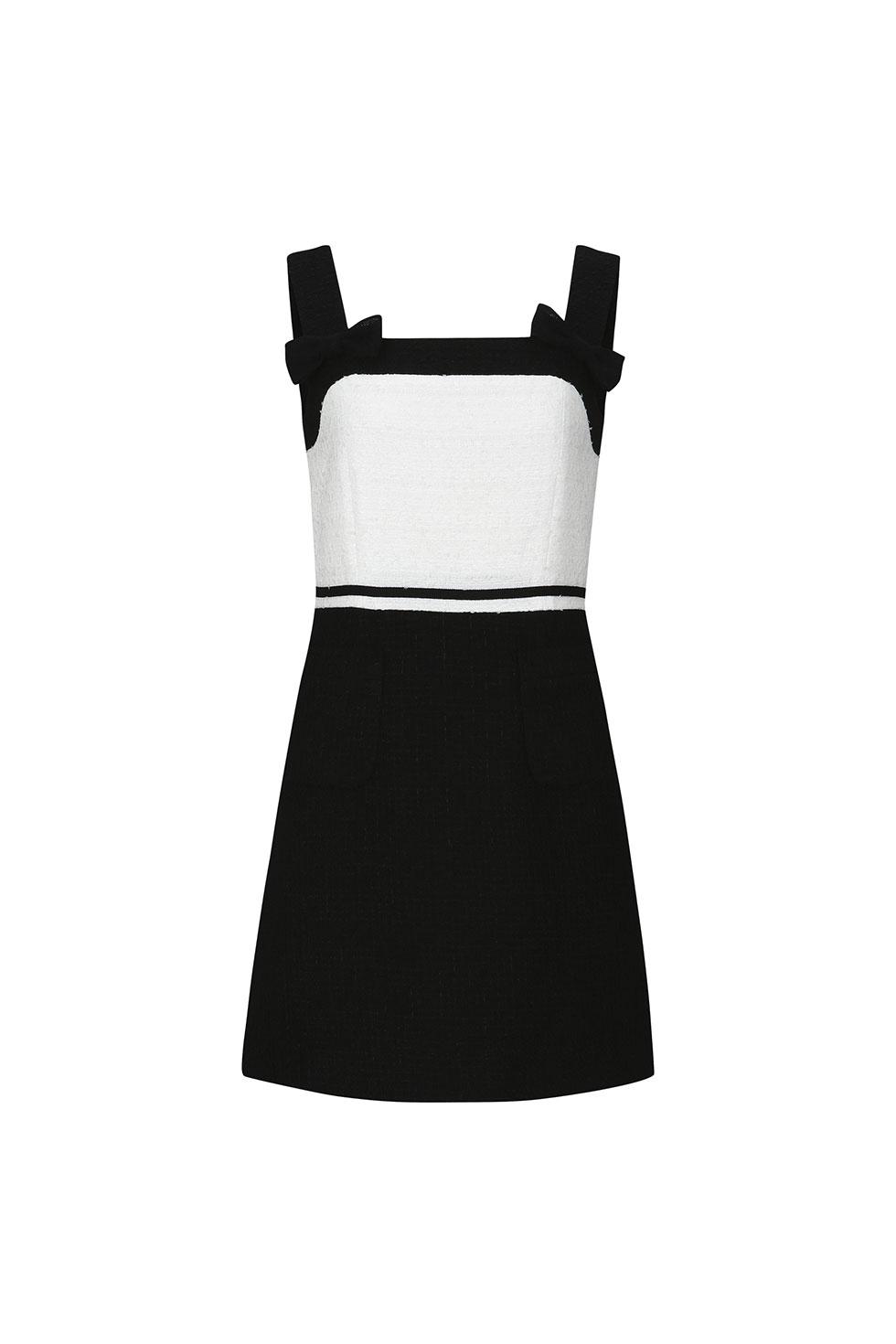 SLEEVELESS RIBBON TWEED DRESS - BLACK