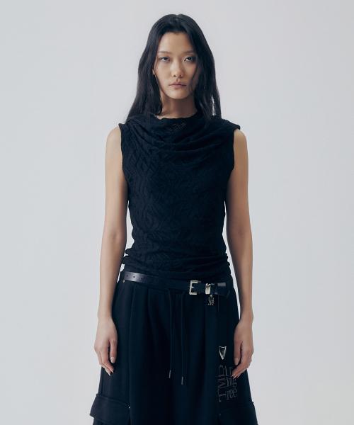 Jacquard Sleeveless Hooded Top [ Black ]