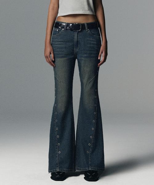 W Eyelet Vintage Denim Pants - Deep Blue