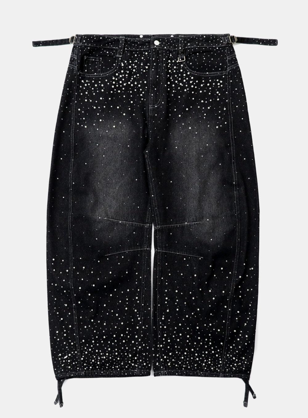 [w-pts25-092] BBNT 라인스톤 커브드 팬츠 – 블랙