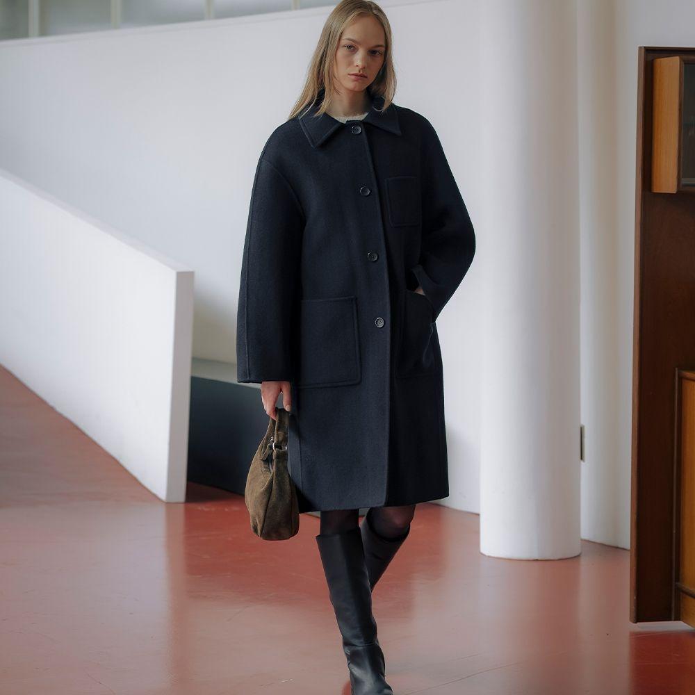 Cashmere balloon sleeve handmade coat_Dark navy