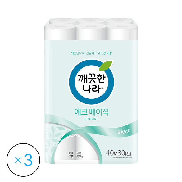 깨끗한나라 2겹 에코베이직 롤화장지 40m X 30롤 X 3팩