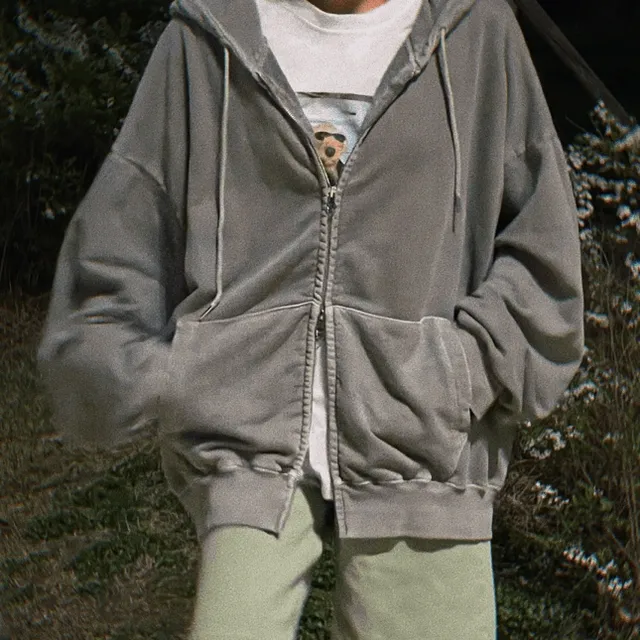 [남녀공용] 빈티지 피그먼트 워싱 오버핏 투웨이 후드 집업