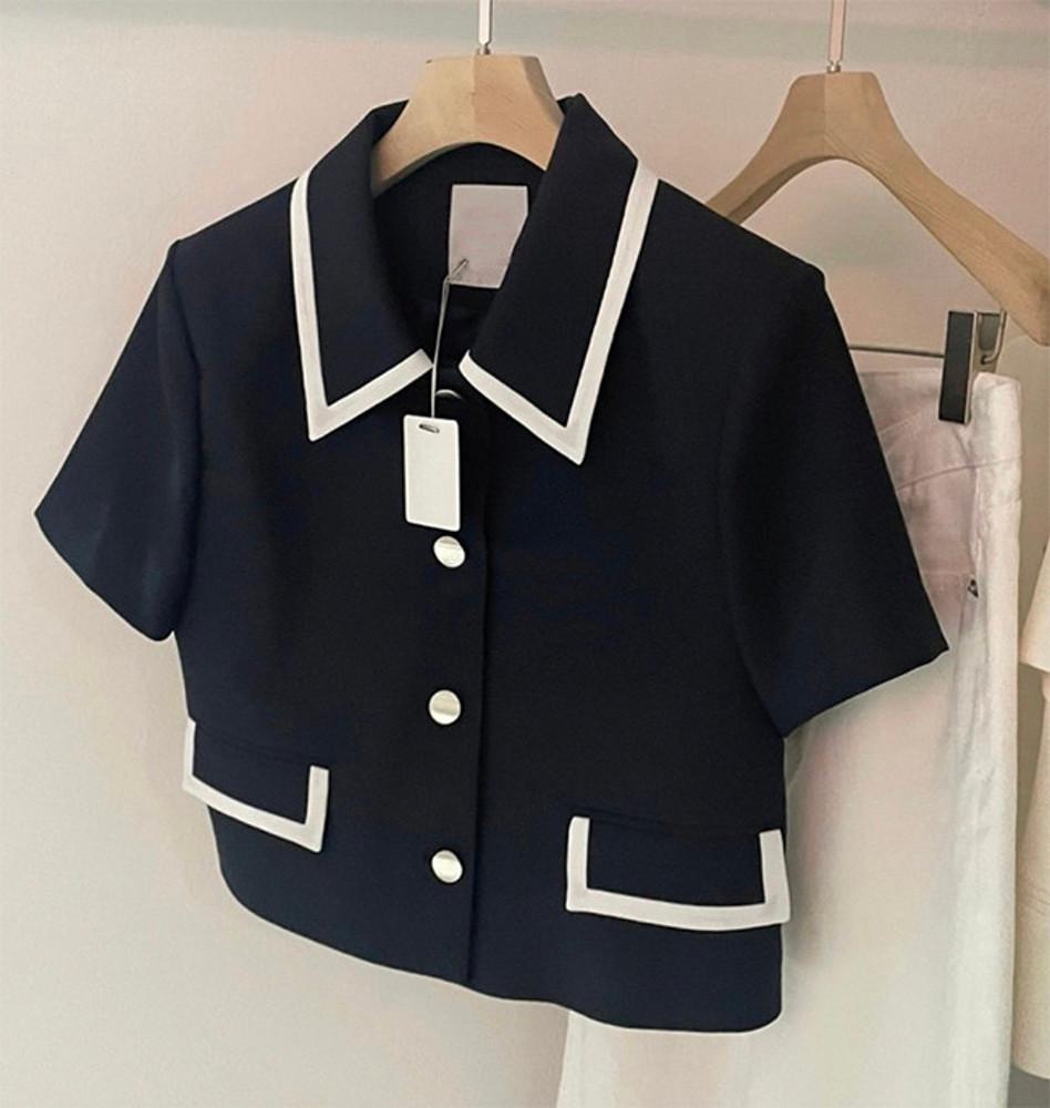 배색 카라 반팔 세미크롭 여름자켓 오피스룩