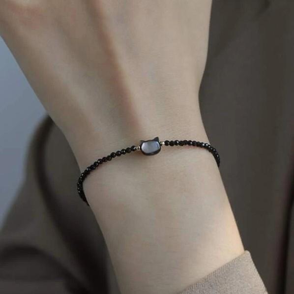 자개 고양이 블랙스피넬 천연 원석 팔찌