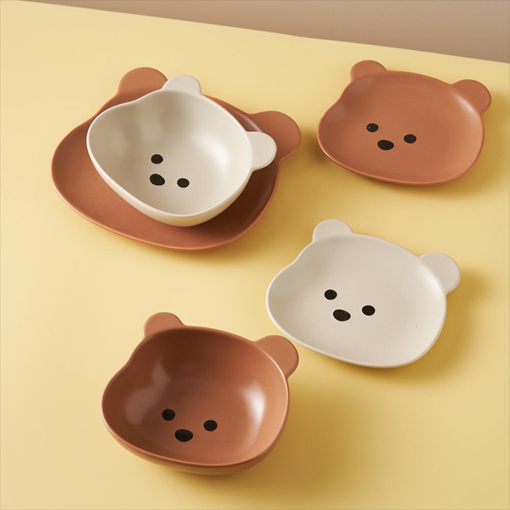 일식 귀여운 곰돌이 디저트볼 반찬 접시 법랑 도자기 시리얼 그릇 아이보리 브라운