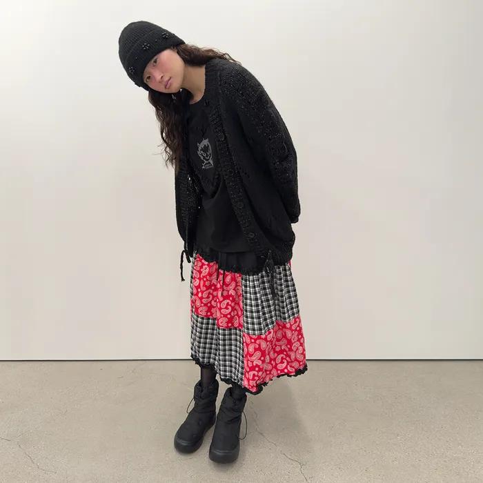 Mixed Fabric Ruffle Skirt [Black]