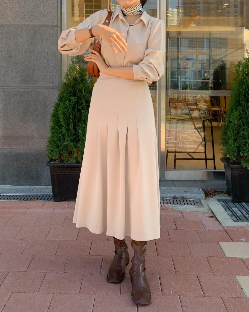 겨울 플리츠 롱 원피스 카라 하객 원피스 단정한 원피스 모어르