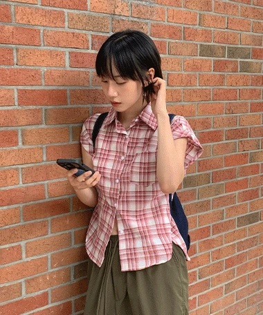 디엘프 체크 롤업 반팔 셔츠