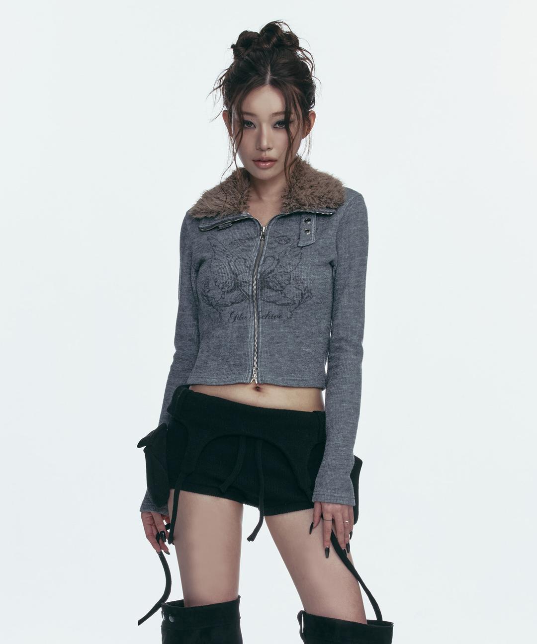 FUR COLLAR GRAPHIC KNIT ZIP-UP_GREY