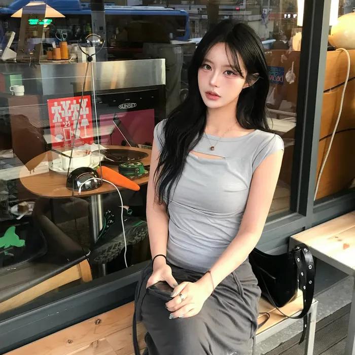 Asymmetrical Draped Roll-Up T-Shirt (FL-165_Gray)