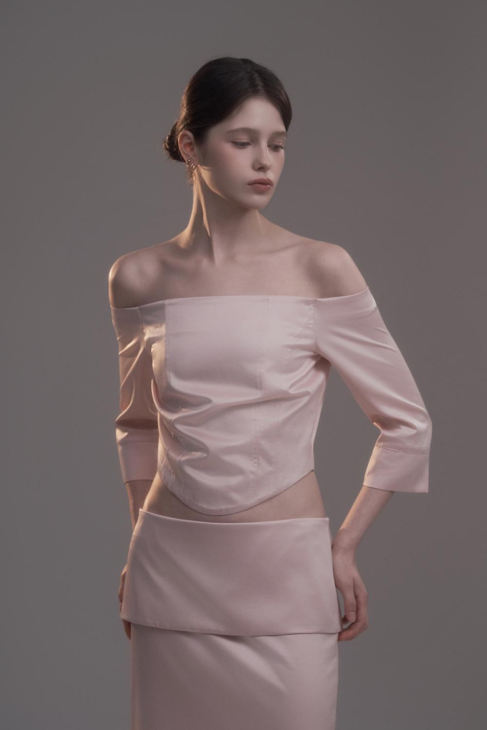 Long Sleeve Satin Corset Top-Pink