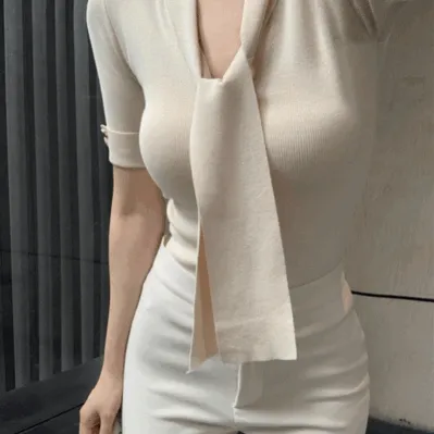 *핏보장* 스카프 타이 끈 금장 골지 브이넥니트 3color