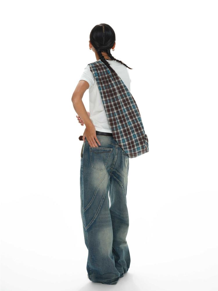 Oinimi 가방 자카드 블루 체크 무늬 호보백 숄더백 크로스백