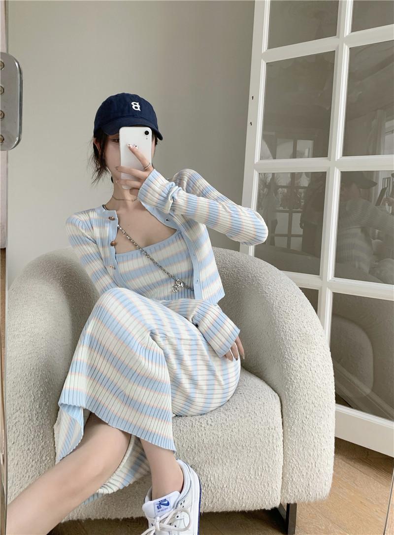하프닌 [세트구성] 미니아 블루 스트라이프 줄무늬 골지 여리 슬림핏 딱붙는 배색 민소매 뷔스티에 롱 원피스 얇은 긴팔 가디건 투피스