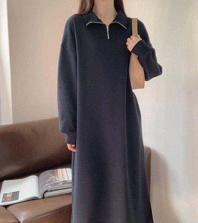 브레드 폴라앤카라 반집업 기모 맨투맨 롱원피스_룩앤무드