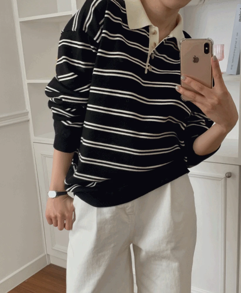 리코 루즈핏 스트라이프 피케니트 5color (가을옷/ 가을니트/ 간절기/ 얼리어텀/ 스트라이프니트/ 오버핏니트/ 카라니트/ 개강룩/ 스트라이프pk/ 럭비스트라이프카라니트)