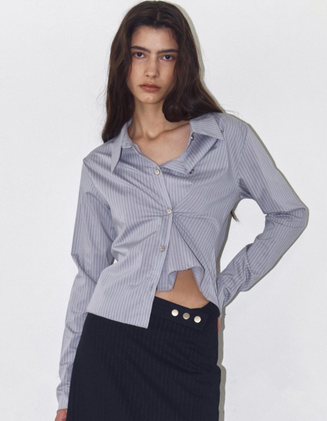 PINSTRIPE RUCHED SHIRT, GRAY