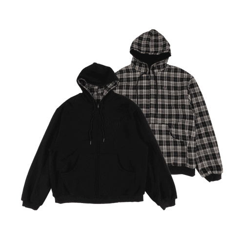 Reversible Check Hoodie Zip-Up Black
