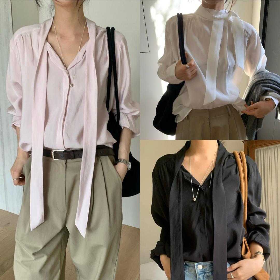 디어마이벨 (아이핑크 당일) 웰로우 로우 히든 타이 블라우스 여성 봄 루즈핏 셔링 리본 블라우스 3color