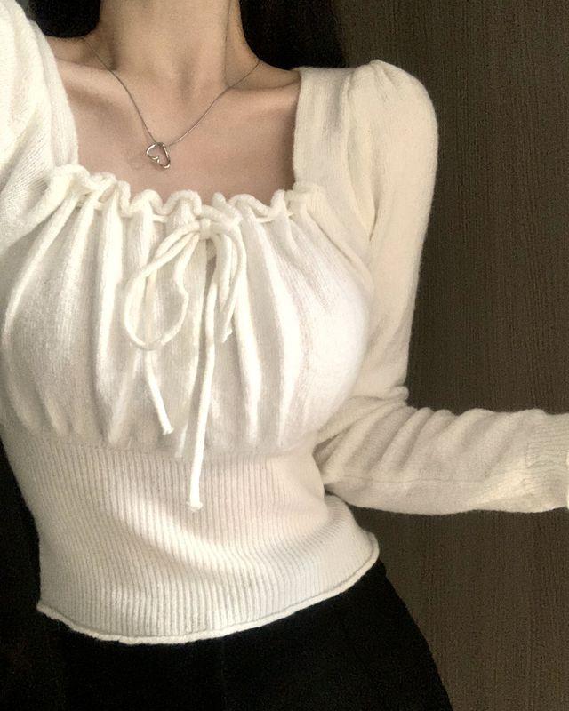 [여리끝판왕!!/발레코어] 제니 스퀘어넥 셔링 리본 니트 티셔츠_무이마켓