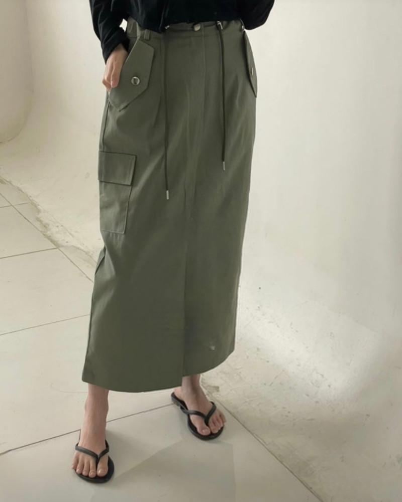 [아이메르]당일/스트링 카고 롱스커트/여름 빅사이즈 얇은 트임 카키 포켓 건빵치마