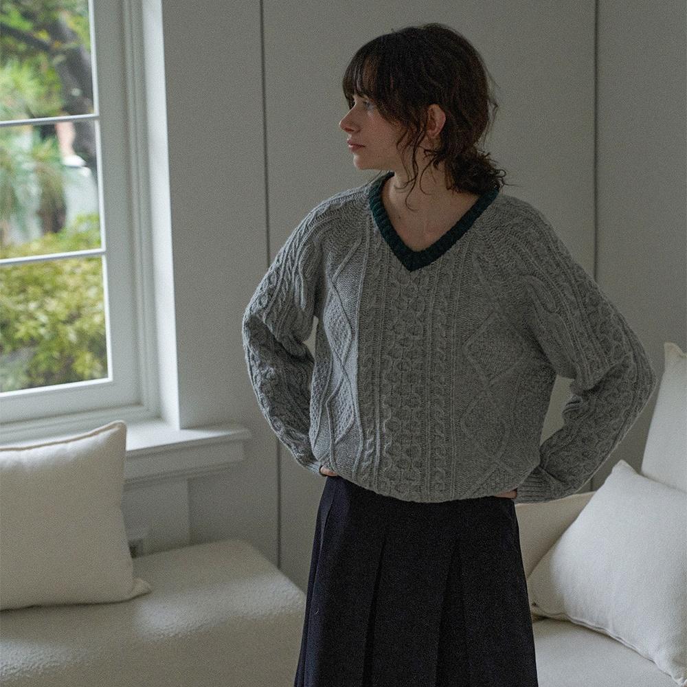 Fog cable V-neck knit_3colors