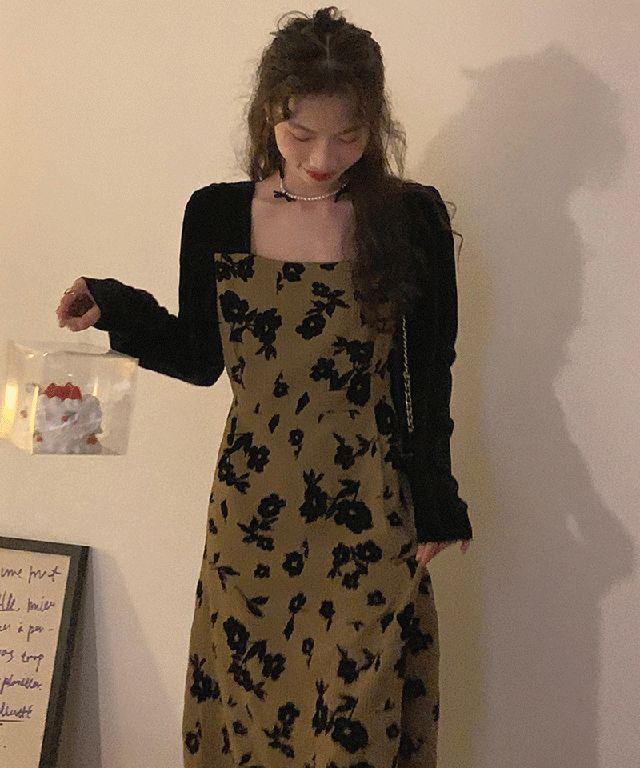 에론 벨벳 플라워 롱 원피스