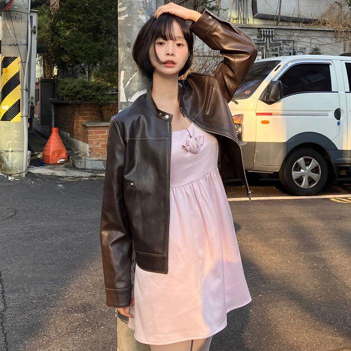 [한빛님 착용] ROSE CORSAGE SATIN MINI DRESS (LIGHT PINK)