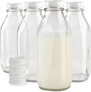 Stock Your Home Liter Glass Milk Bottle with Lid (4 Pack) 32 Oz Jugs and 8 White Caps, Reusable Food Grade Container for Refrigerator, Juice, Oat or Plant Milks, Water, Honey