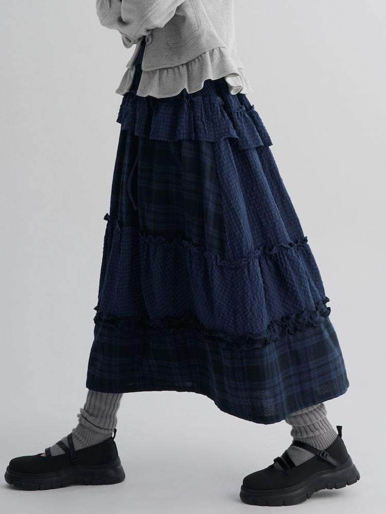체크 믹스 스커트 - 네이비
