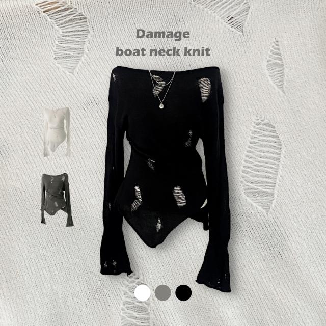 비비드글로우 [데미지포인트/여리핏] 시스루 데미지 보트넥 루즈핏 나팔소매 언발 트임 롱 니트