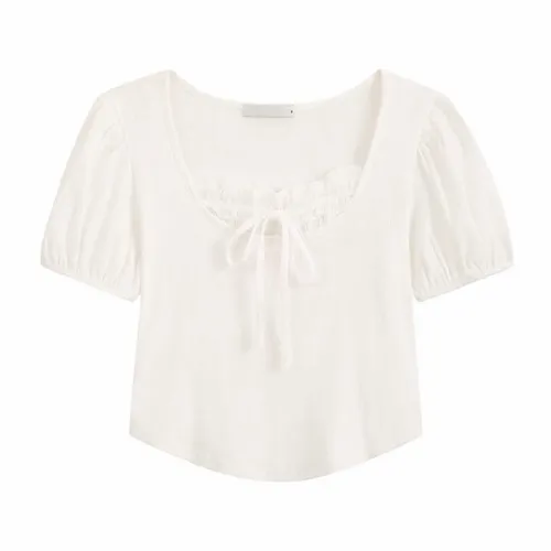 (2color) 레이스 레이어드 리본 퍼프 소매 반팔