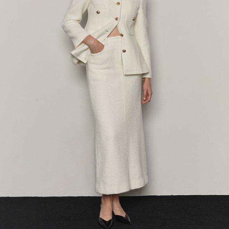 알파카 울 블렌디드 부클 트위드 맥시 스커트 _ 아이보리