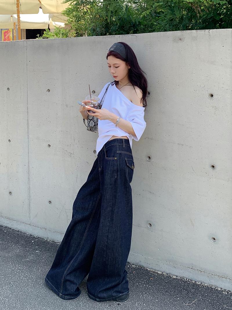 Stitching Line Wide Leg Original Denim Pants