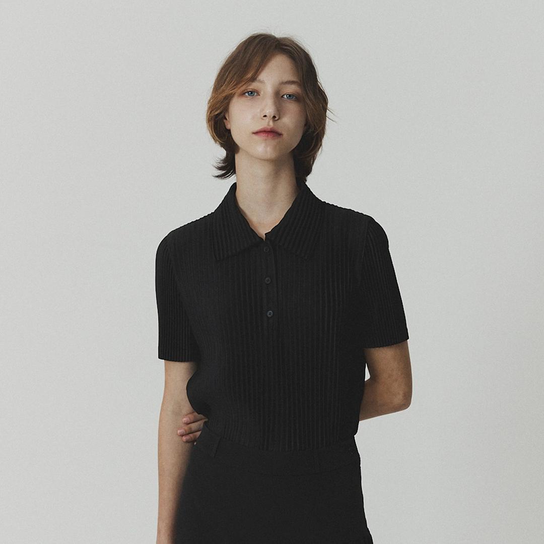 [여자] 피케조직 플리츠 카라 티셔츠 [블랙]