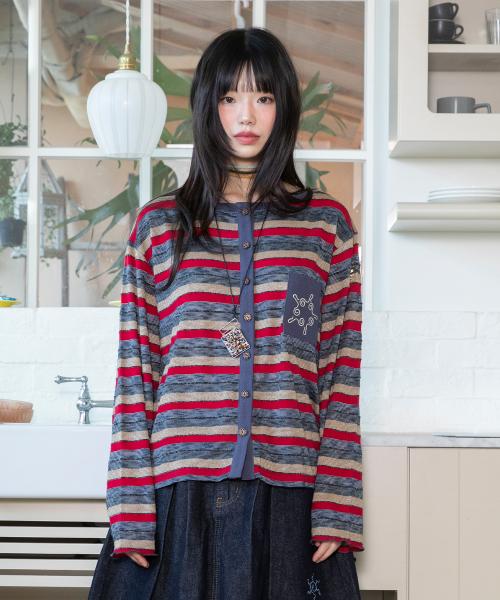WXJ038 유야케 스트라이프 배색 가디건 (RED)