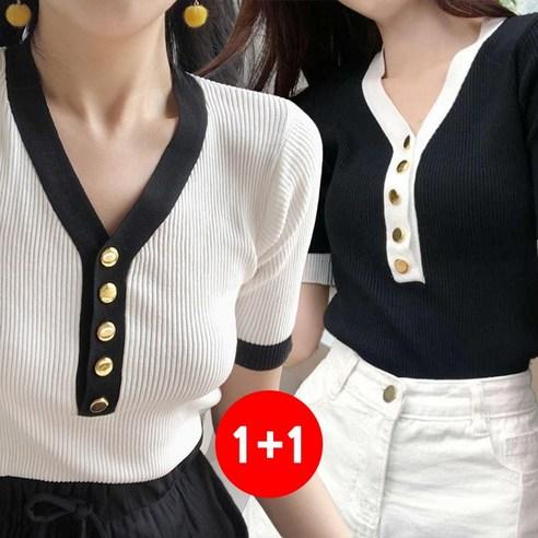 마쿠쿠 1+1 세트 금단 여성 브이넥 골지 반팔 니트 티 - 상의류 | 쿠팡