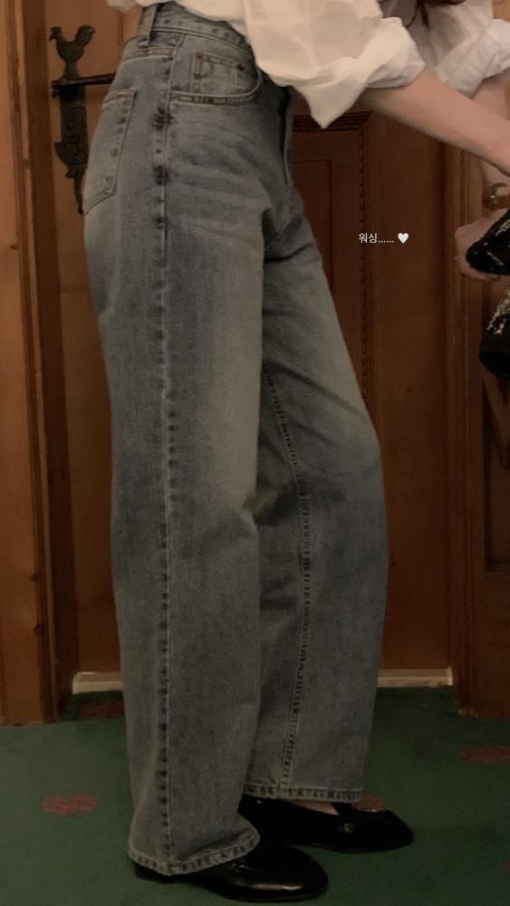 objet 오브제 듀오 데님 중청 일자 와이드 워싱 진