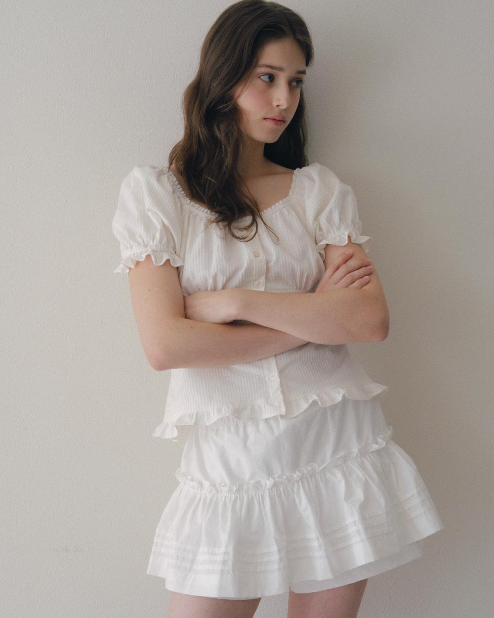Corded Velveteen Ruffle Half Sleeves Blouse