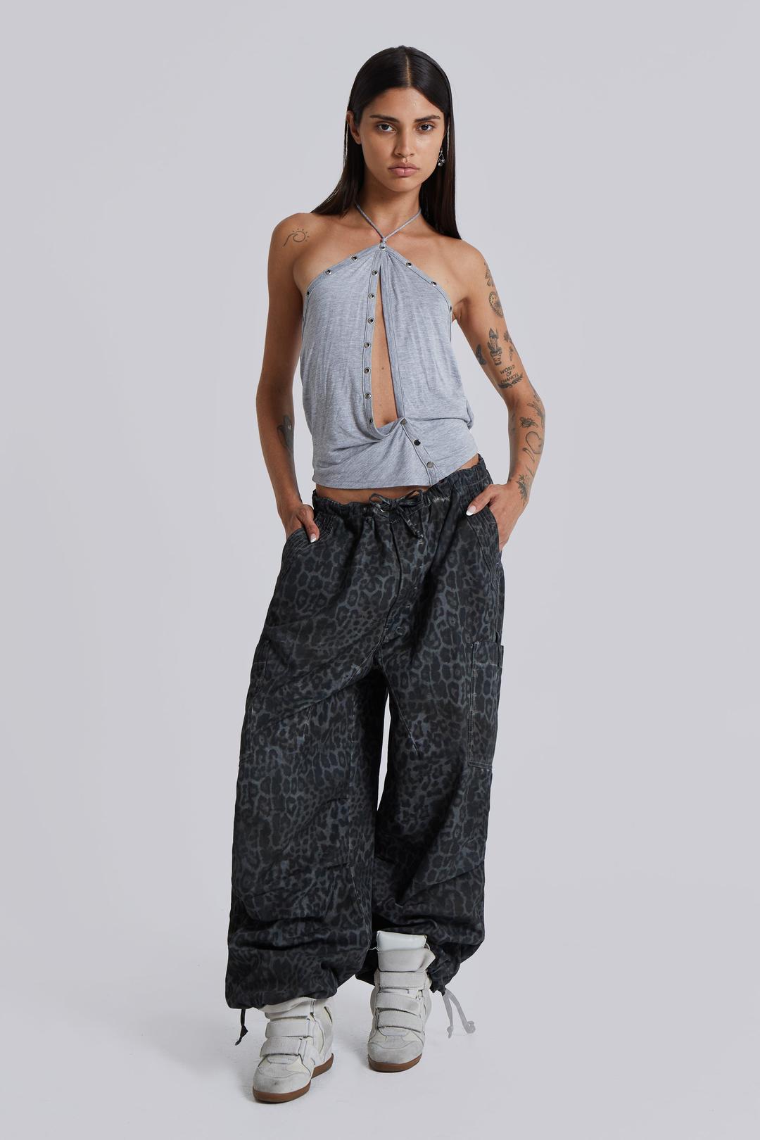 Charcoal Leopard Parachute Pants - XS / Grey