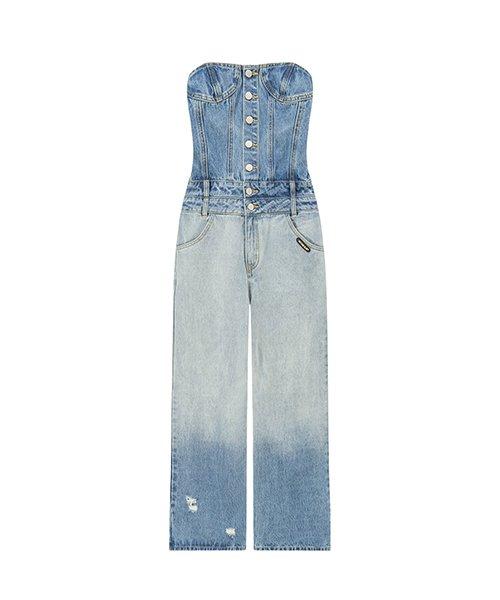 Tube Top Multi Buttons Denim Jumpsuit