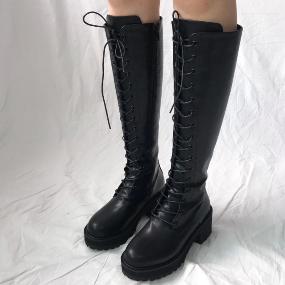 (Tidy Rose)5.5cm 통굽 키높이 여성 레이스업 워커창 롱부츠