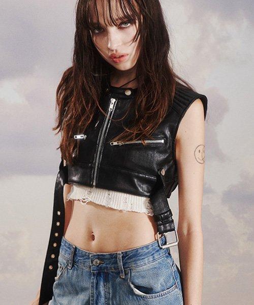 Micro Crop Belted Leather Vest (BLACK)