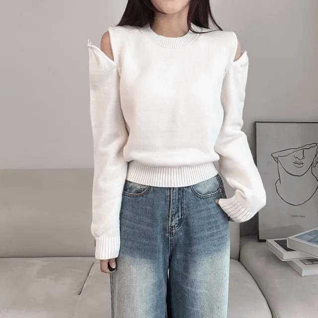 ⚡아이보리 당일발송 NB576 - 어깨 트임 단추 긴팔 니트 (3color)