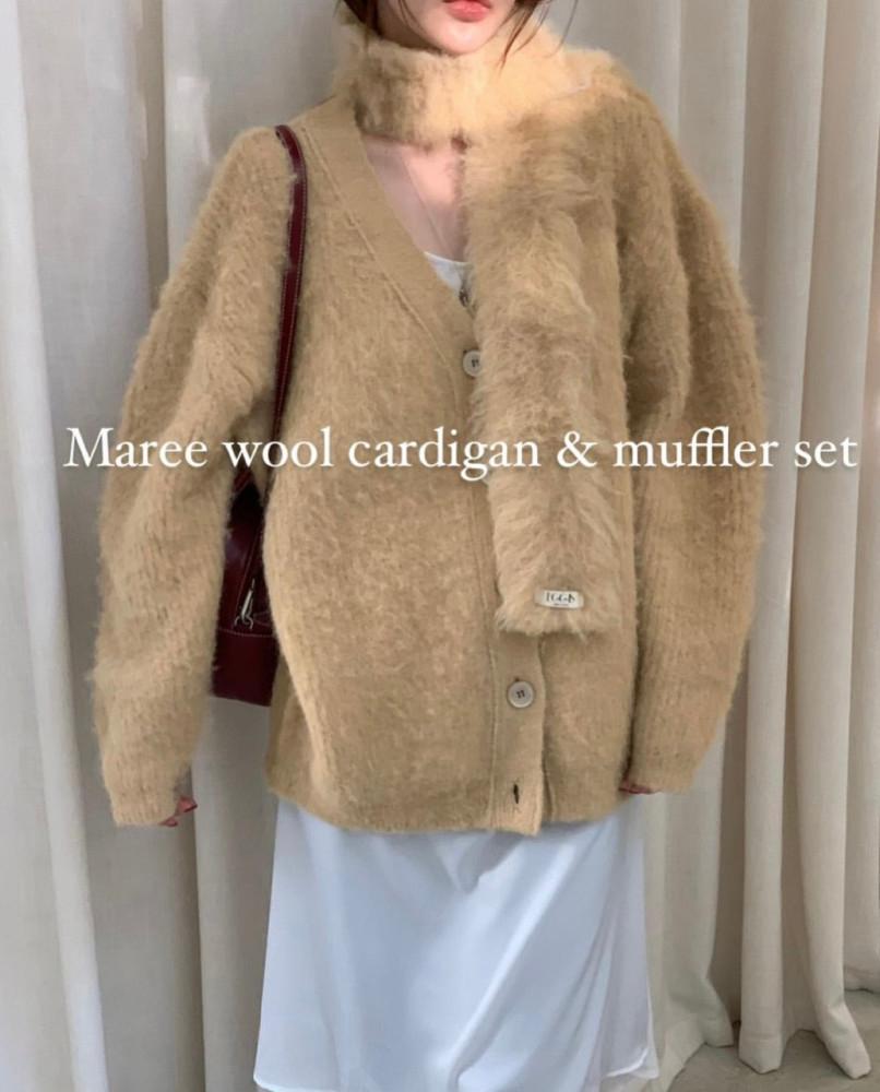 차콜 당일 / Egg is 에그이즈 마레 울 가디건 머플러 세트 루즈핏 오버핏 헤어 털 4color