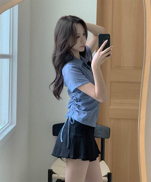 버가 스트라이프 시스루 셔링 반팔 셔츠 블라우스