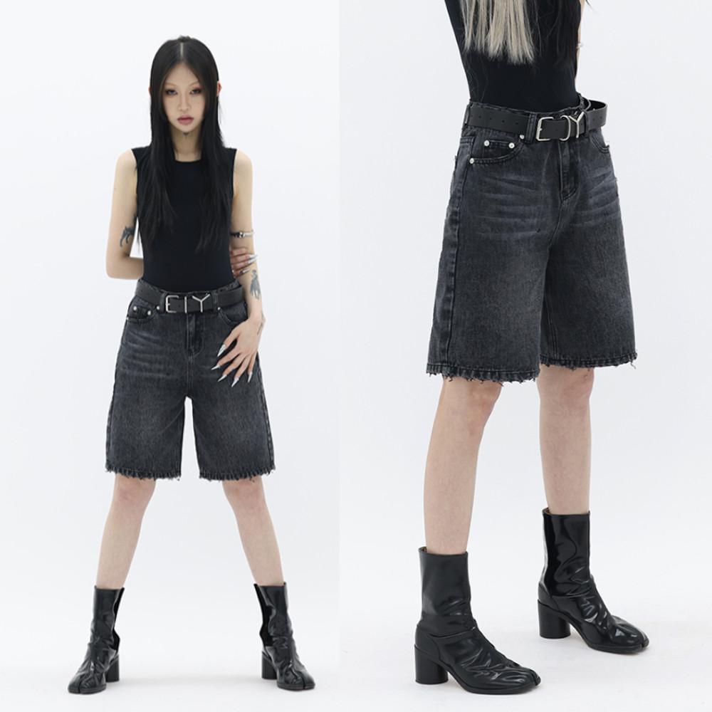 MYFUZZYKON 메이야퍼지콘 팬츠 흑청 데님 반바지 레트로 워싱 청반바지