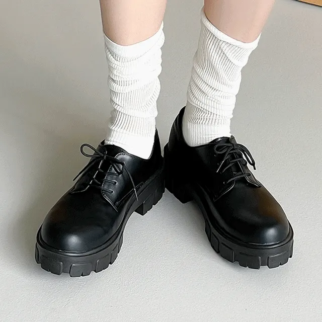 [당일발송/국내제작] 끈 통굽 로퍼 옥스퍼드 학생 단화 간절기 데일리 블랙 워커 (5.5cm)